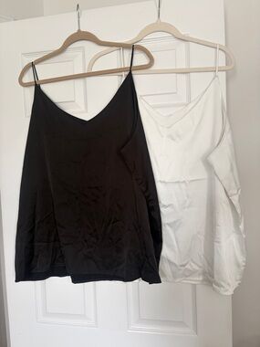 Satin V-Neck Spaghetti Strap Cami - Black and White